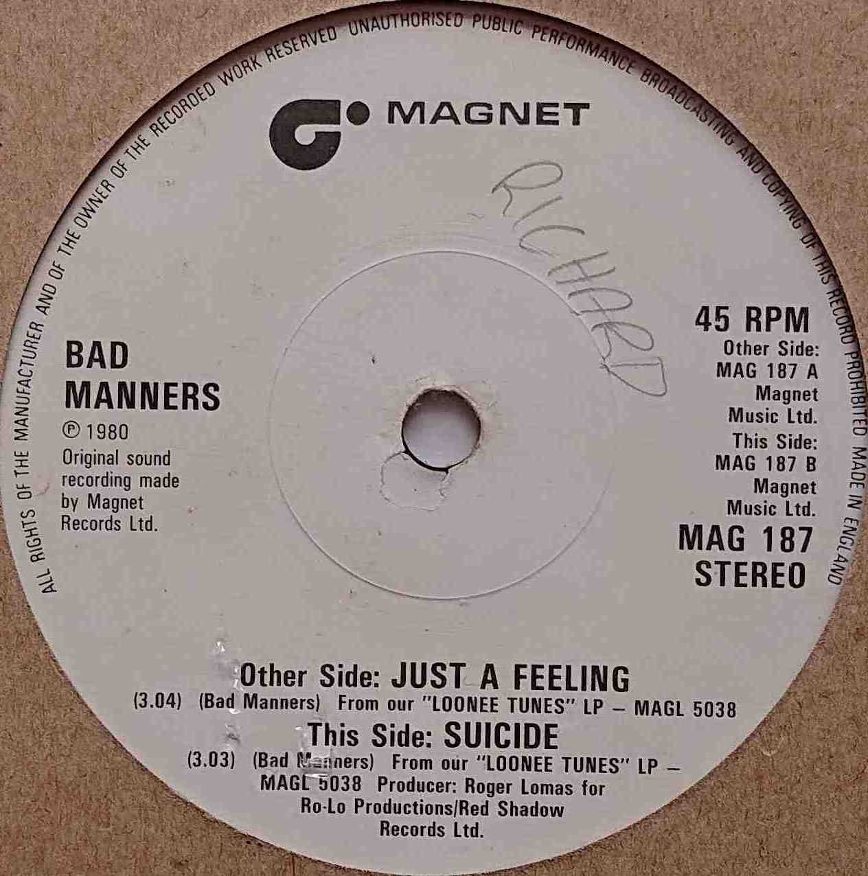 MAG 187 Just a feeling Bad Manners  Label